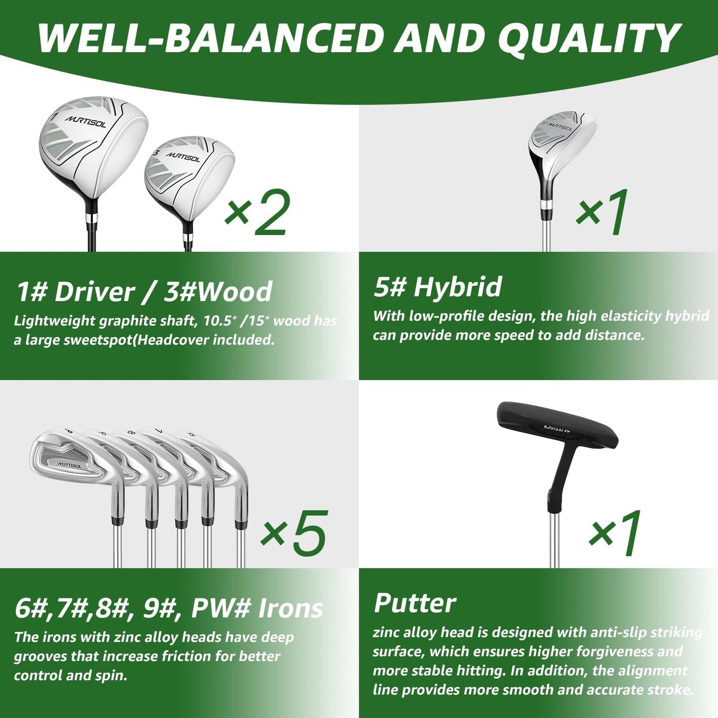 10 Pieces Complete Mens Womens Golf Clubs Set Right Hand for Men Women Includes Stand Bag with Rain Hood, 1#Driver 3#Wood #5 Hybrid,with 3 Head Covers, 6# 7# 8# 9# PW# Irons and Putter