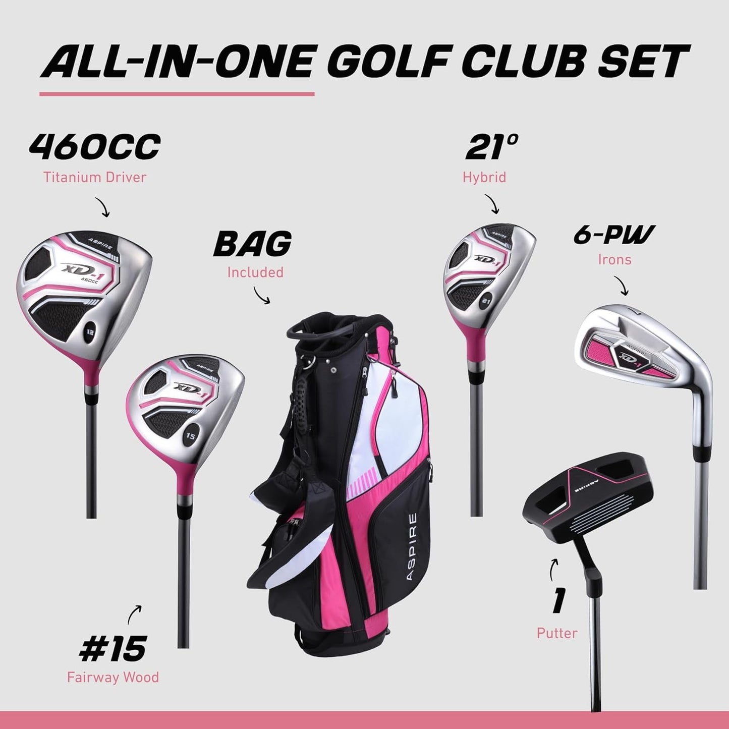 Aspire XD1 Womens Golf Clubs Full Set, Includes Driver, Fairway, Hybrid, 6-PW Irons, Putter, Stand Bag, 3 H/C's, Ultra-Light Graphite Shafts, Golf Clubs Women Right Handed, Comes in 3 Sizes, Pink