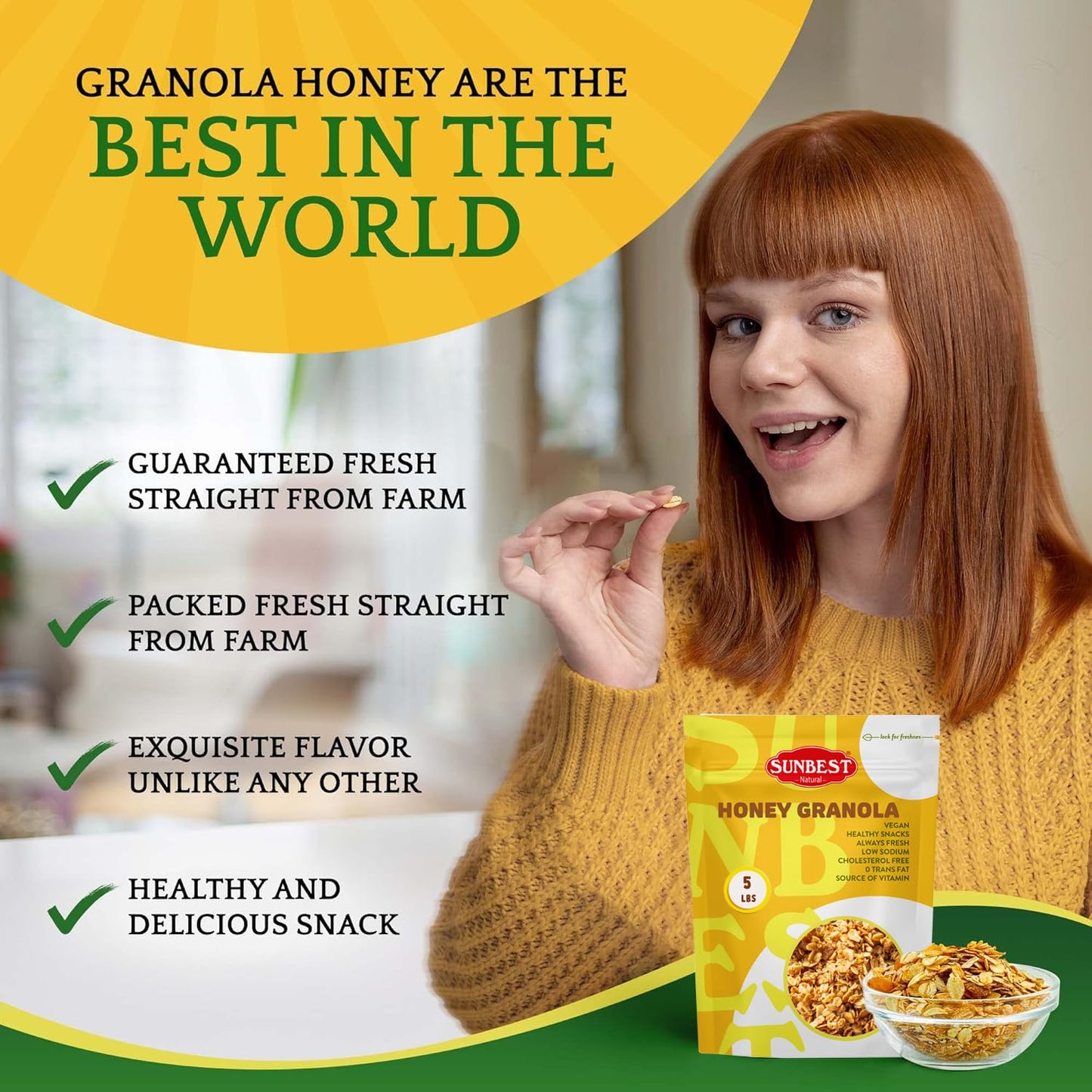 Sunbest Natural Honey Granola – 5 lb Bulk Bag (80 oz) – Whole Rolled Oats, Delicious & Crunchy – Kosher, Low Calorie, High Fiber, Non-GMO – Great for Snacks, Travel & Parties