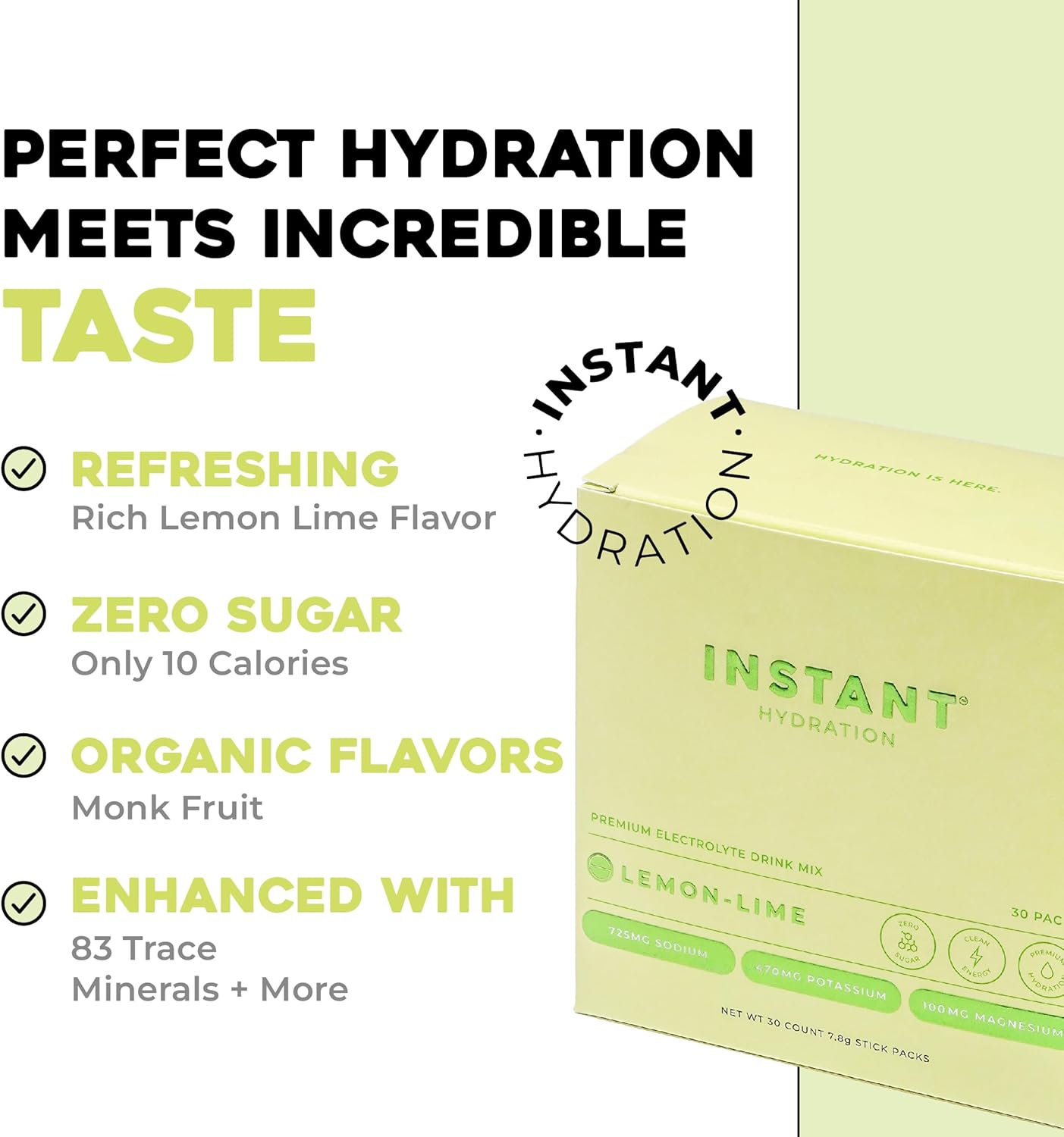 Instant Hydration Electrolytes Powder Packets - Lemon Lime Drink Mix - Zero Sugar - Keto, Vegan, Gluten-Free, Non-GMO - Boost Recovery, Brain Health, Muscle & Tissue Support- 30 Sticks