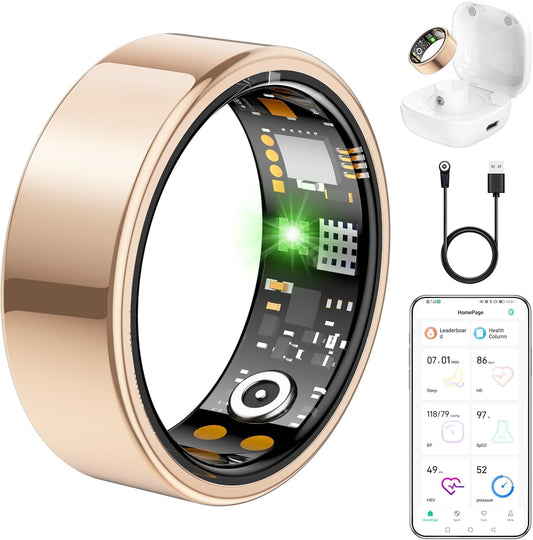 Ring Health Tracker for Women Men, Fit Ring with Heart Rate, Blood Oxygen, Sleep Monitor, Calories, Step Counter, IP68 Waterproof Smart Ring for iPhone & Android, No Subscription Fee (Rose Gold, 14#)