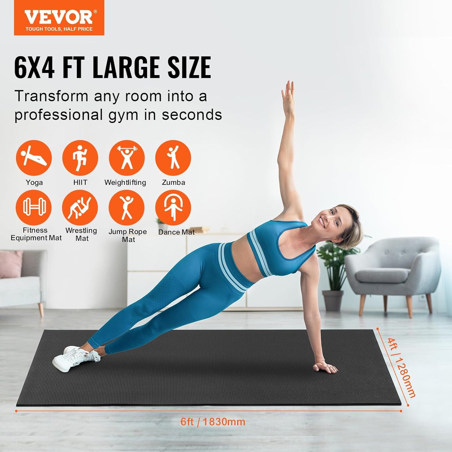 VEVOR Large Exercise Mat, Non Slip High Density Premium Yoga Mat, Exercise Yoga Mat for Men Women, Fitness & Exercise Mat with Bag & Carry Strap, for All Types of Home Yoga, Pilate & Floor Workout
