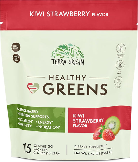 TERRA ORIGIN Greens Powder Packets | 74+ Vitamin and Superfoods | Supports Gut Health, Bloating, and Energy | with Antioxidant, Digestive Enzymes, Adaptogens | Kiwi Strawberry (15 Packets)