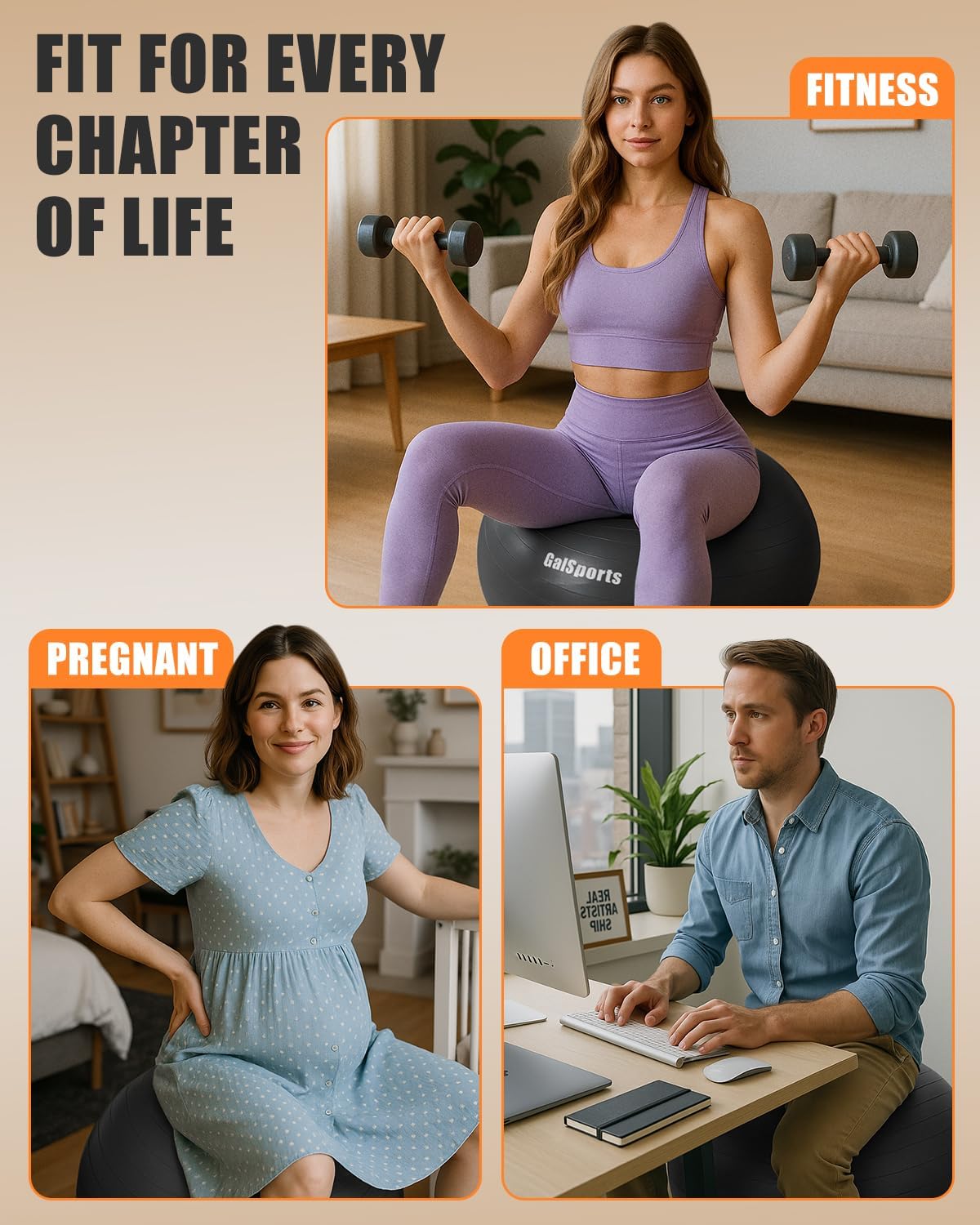 GalSports Anti-Burst Slip Resistant Stability Ball - Swiss Ball for Home Gym & Physical Therapy