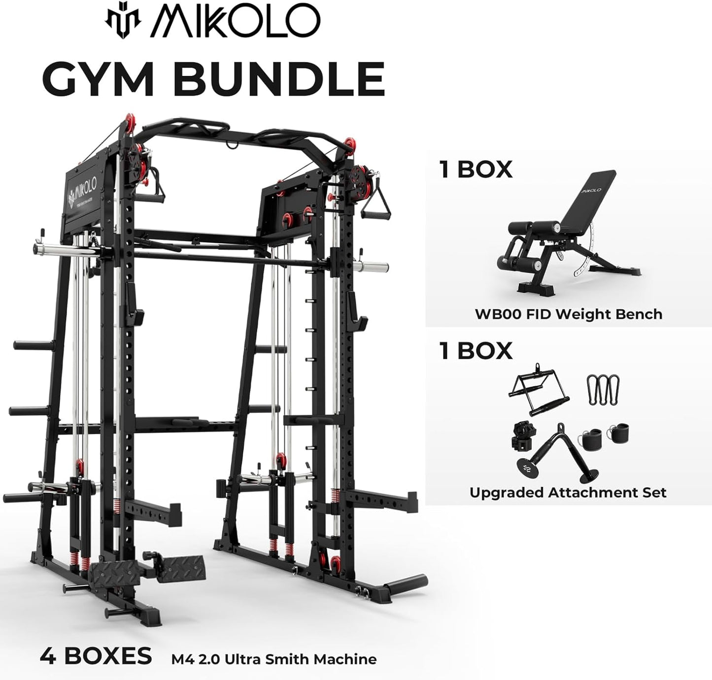 Mikolo Smith Machine, 2200lbs Squat Rack with LAT-Pull Down System & Cable Crossover Machine, Training Equipment with Leg Hold-Down Attachment