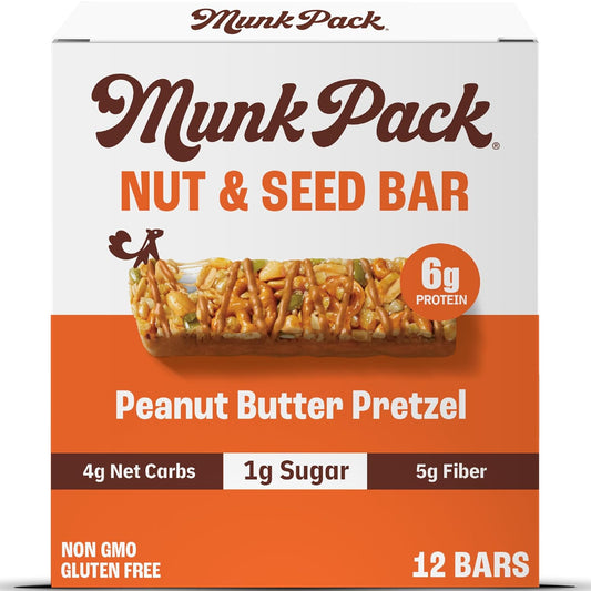 Munk Pack Nut & Seed Snack Bar - 6g Protein, 1g Sugar, 3g Net Carbs, Low Sugar, Keto, and Gluten Free Snack for Adults and Kids, Peanut Butter Pretzel – 4.92 oz, 12 Pack