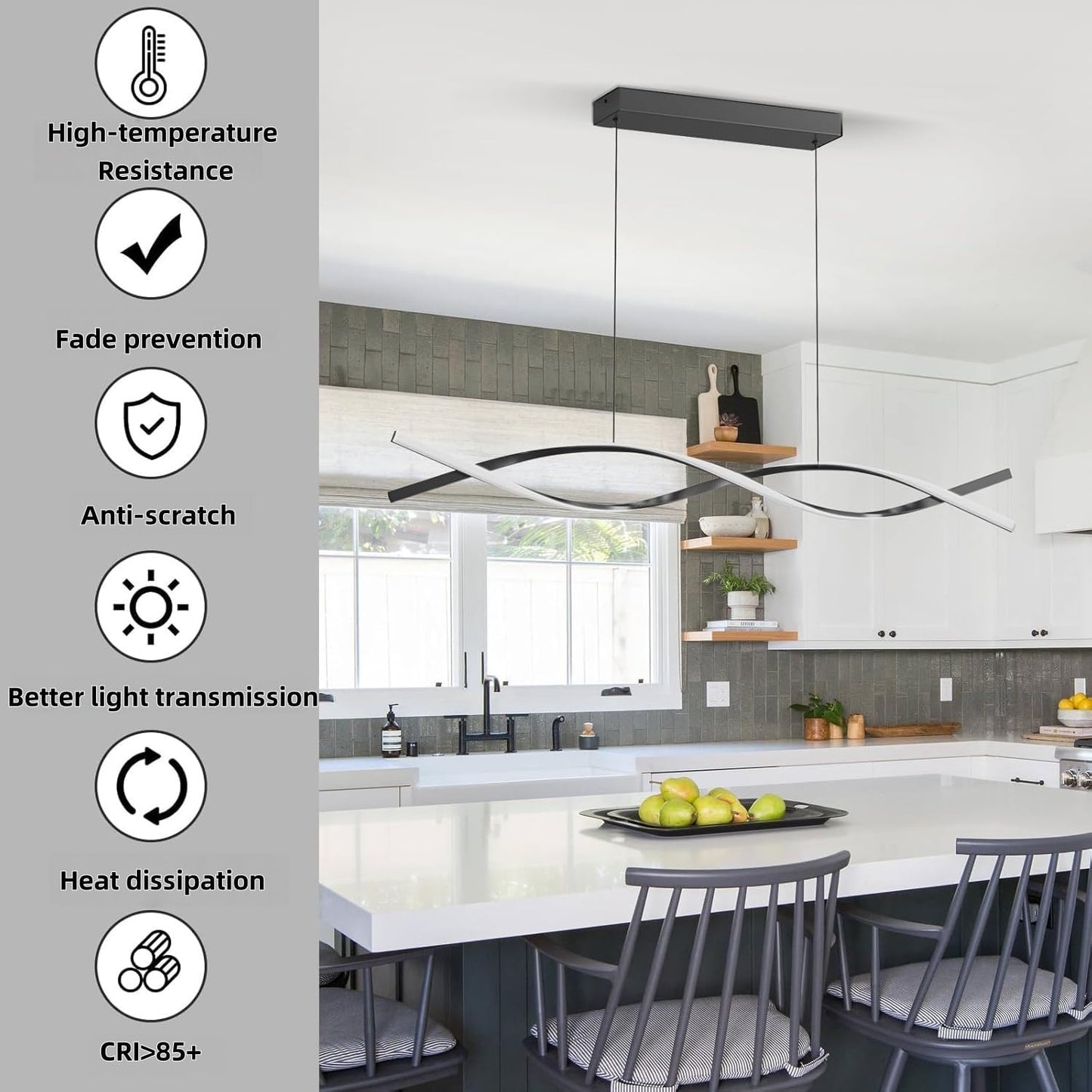 Modern Kitchen Island Pendant Lights, 47in LED Chandelier Fixture Dimmable 3000k-6000K Color, Aluminum Island Lighting Lamp for Dining Room, Billiard Room
