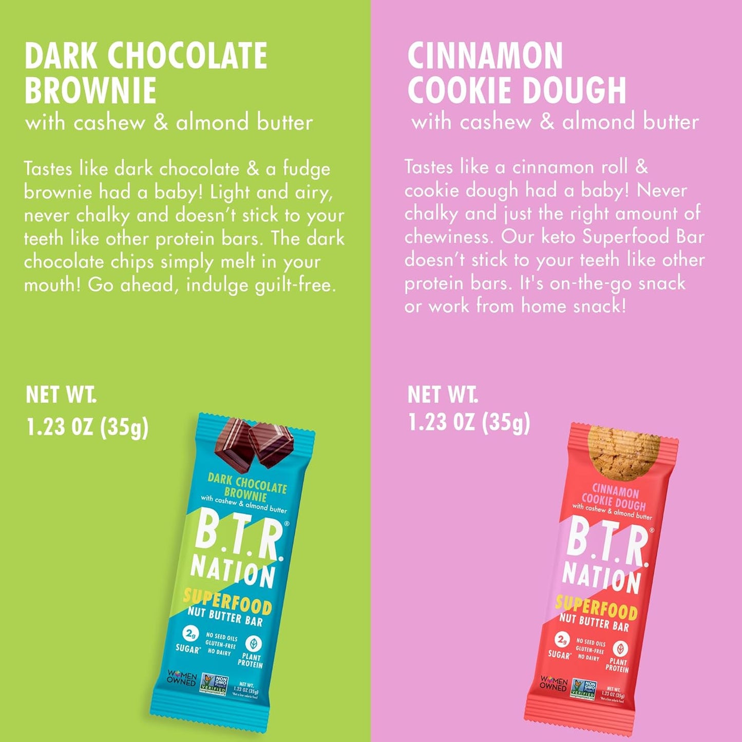 B.T.R. Nation Superfood Keto Protein Bars, Plant Based Vegan - Cinnamon Cookie Dough & Dark Chocolate Brownie | 12 Pack of Each | Low Carb, GF & Calorie, No Sugar Alcohols, Boosted with Superfoods