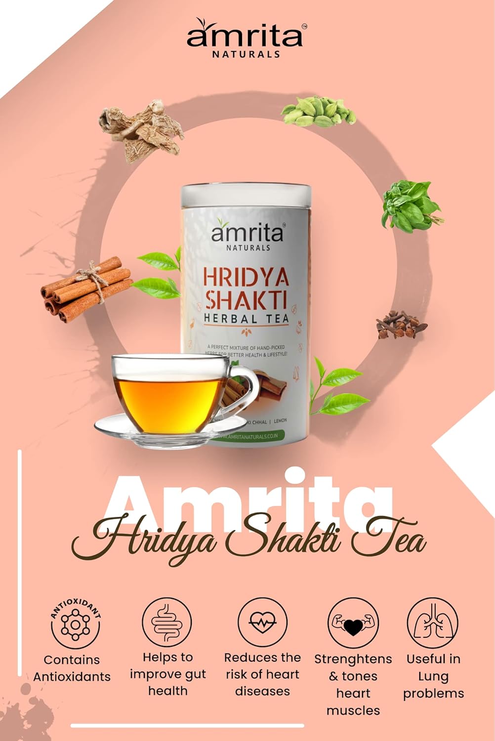 Amrita Naturals Hridya Shakti Herbal Tea 500g x 2 Pack Arjun Bark Instant Blend Caffeine Free Vegan Gluten Free No Artificial Additives Natural Plant Based Herbal Tea Powder