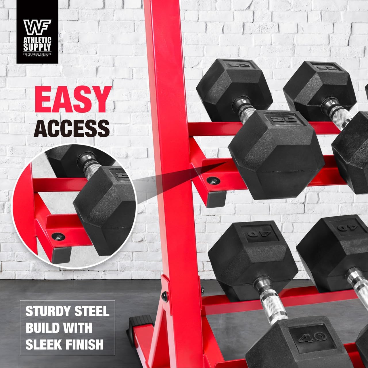 WF Athletic Supply Heavy-Duty Dumbbell Rack Stand, Weight Rack for Home Gym, Weight Holder, Available Sizes for Storage 5-50LB or 5-75LB Dumbbell Pairs, Black/Red/Green/Blue, RACK ONLY