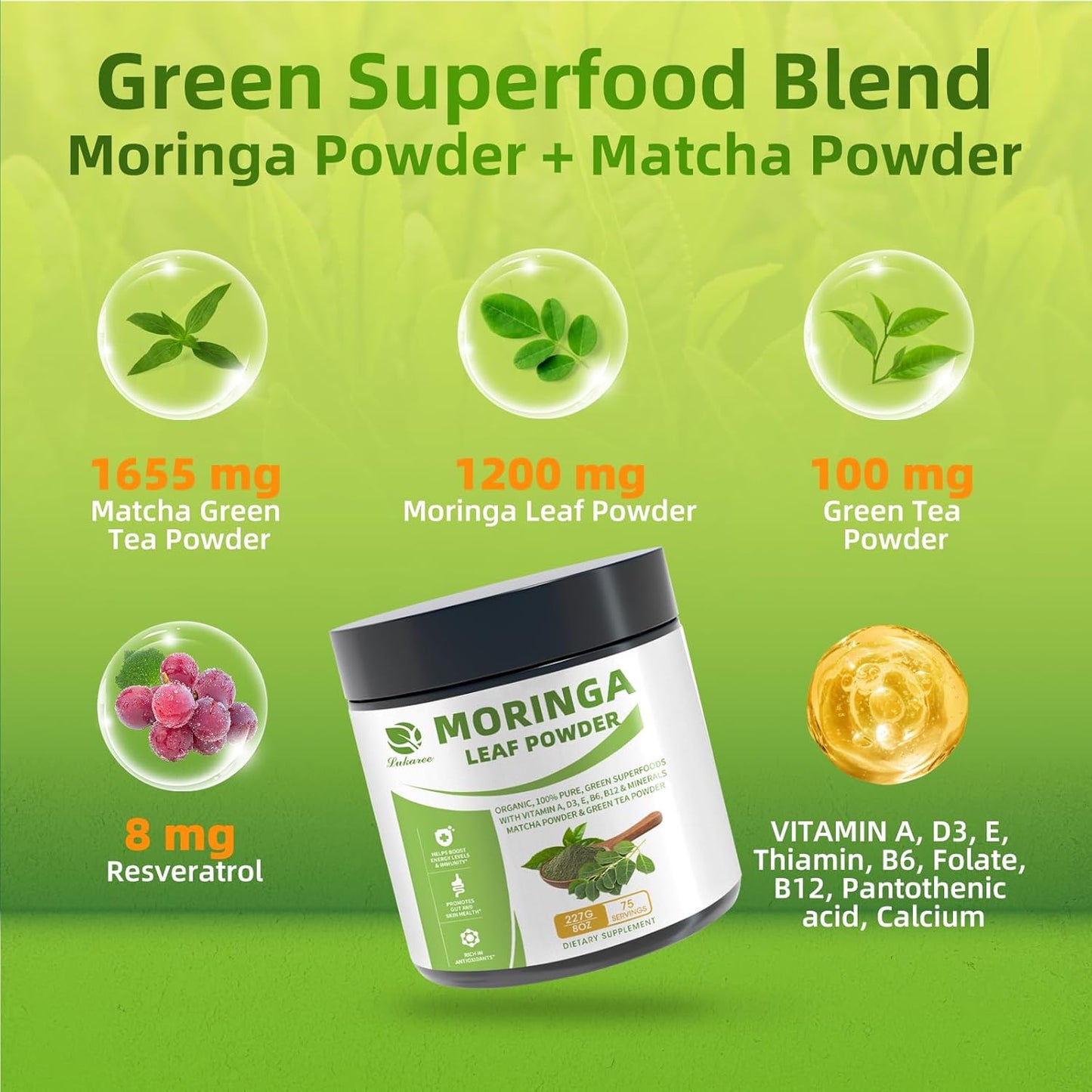 Organic Moringa Powder & Matcha Powder, Multi-Green Superfoods with Green Tea Resveratrol - Energy and Digestive Support, Rich in Antioxidants and Vitamin A D3 E B6 B12 Calcium, Non-GMO, Vegan, 16 oz