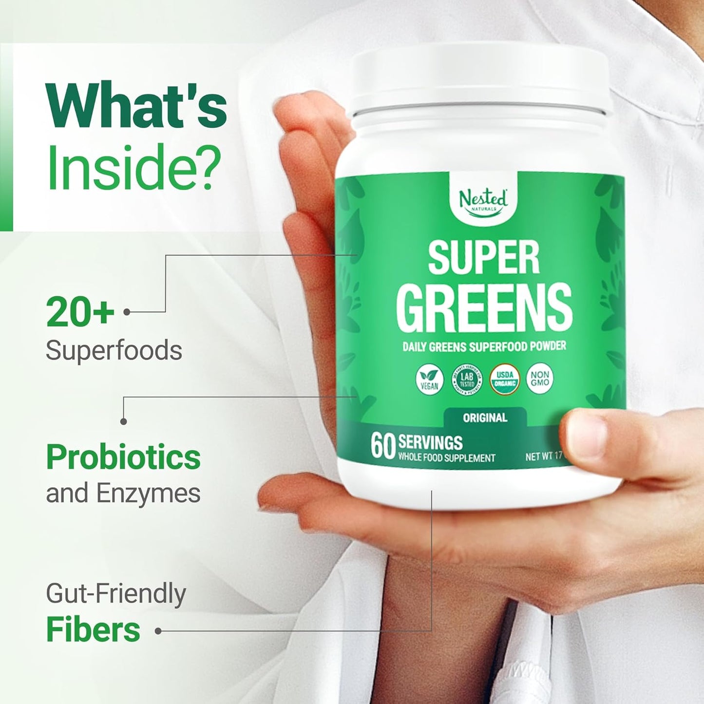 Nested Naturals Super Greens Daily Superfood Powder - Certified USDA Organic Green Powder w/20+ Whole Foods, Spirulina Powder, Wheat & Barley Grass - Probiotics, Fiber & Enzymes - Original Flavor, 60