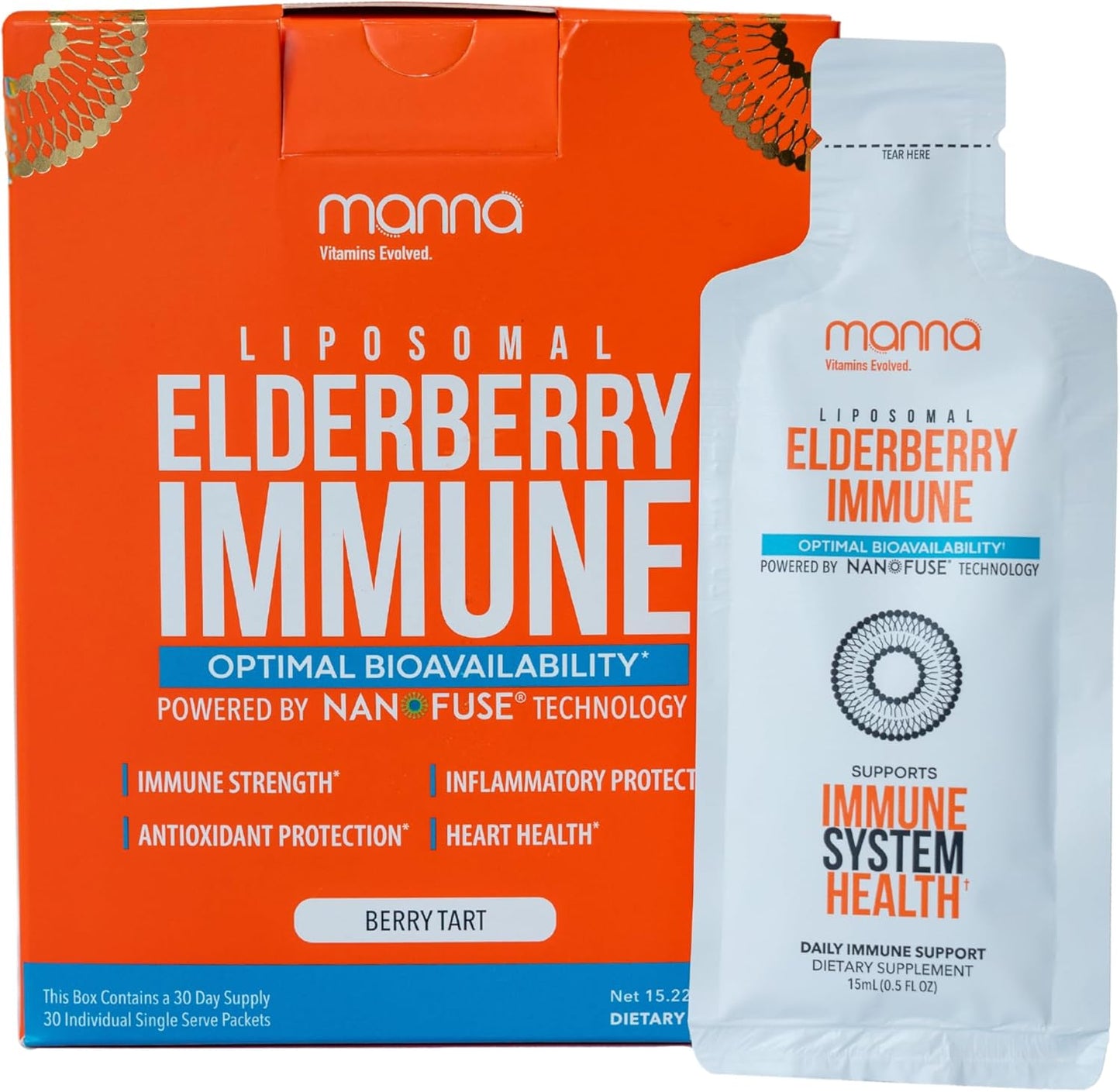 Manna Vitamins Evolved Liposomal Elderberry Immune Packets – Vitamins C, D, Zinc etc. - Daily Immune Support for Adults, Kids - Sugar Free, Real Elderberry Extract, Syrup, Travel-Friendly, 30 Pack