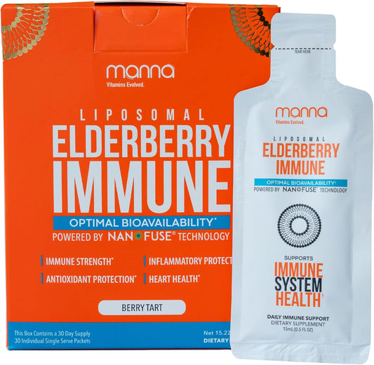 Manna Vitamins Evolved Liposomal Elderberry Immune Packets – Vitamins C, D, Zinc etc. - Daily Immune Support for Adults, Kids - Sugar Free, Real Elderberry Extract, Syrup, Travel-Friendly, 30 Pack