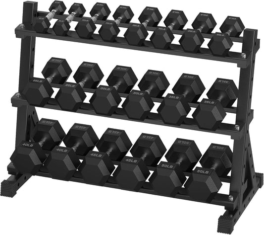 Hex Dumbbell Sets with Rack, 300-670 lb Rubber Encased Exercise & Fitness Dumbbells Set, Hand Weight for Strength Training, Weight Dumbbells