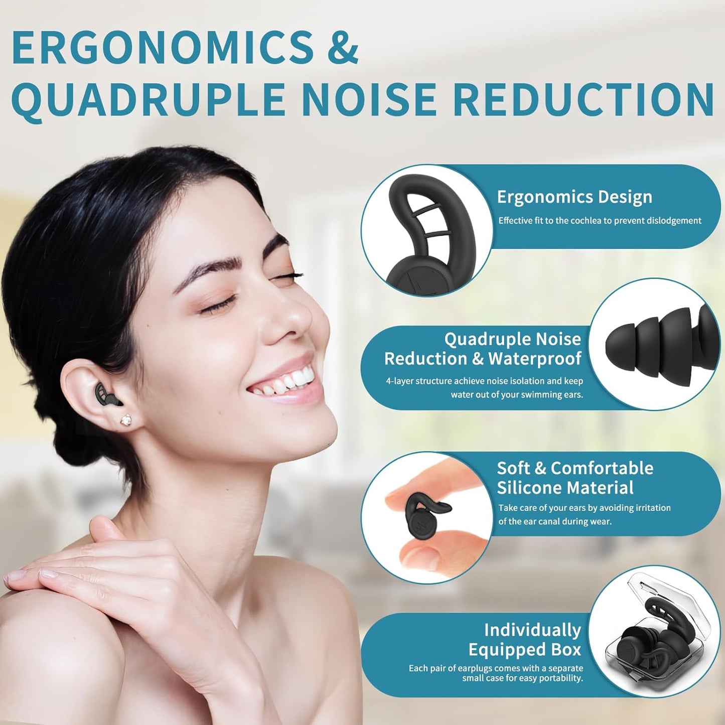 Swimming Ear Plugs for Adults, 4 Pairs Reusable Silicone Waterproof Colorful Swim Earplugs for Swimming Showering Snorkeling Surfing and Water Sports, Water Ear Plugs for Men and Women