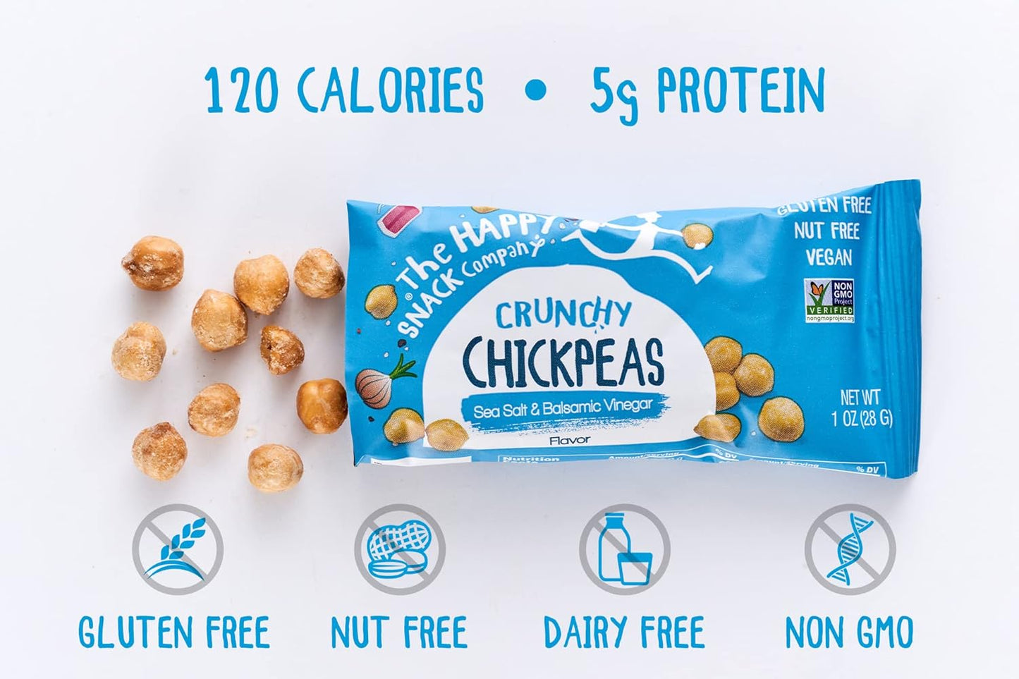 The Happy Snack Company Crunchy Chickpeas Variety Pack 24 x 1 oz ( Sea Salt & Balsamic Vinegar Flavor and Lime & Cracked Pepper Flavor). 5g Plant Based Protein & 120 Cals. Gluten, Nut & Dairy Free, Non-GMO and Vegan.