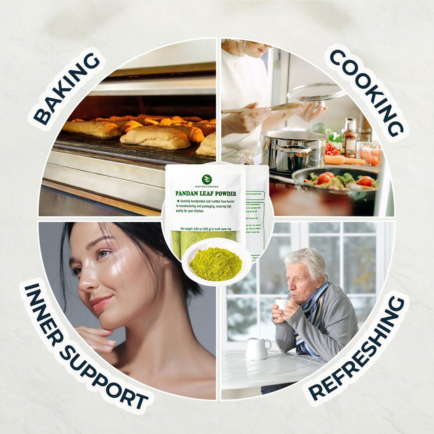 Pandan Leaf Powder 8.82 Oz, Pure & No Sugar Added, Caffeine Free, Refreshing Taste, Versatile Pandan Leaf Powder for Tea, Smoothie, Cooking, Natural Food Coloring