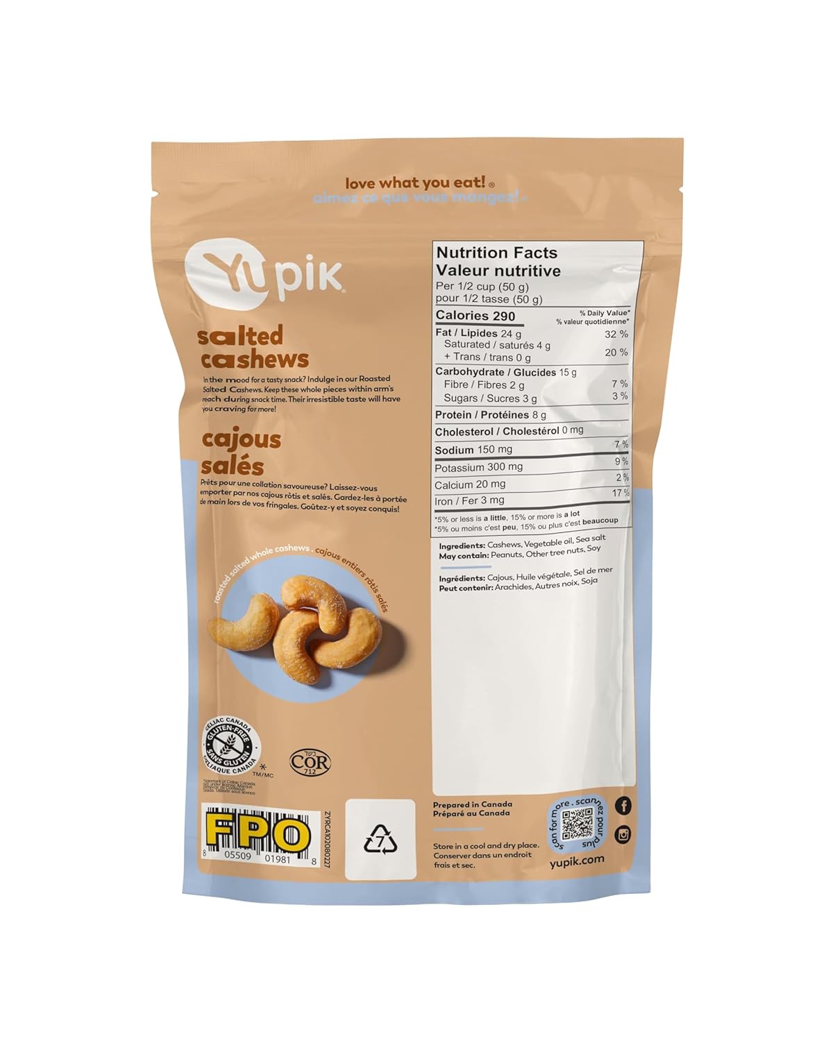 Yupik Roasted Salted Whole Cashews, 8 Oz, Gluten-Free, Kosher, Crunchy Cashews with Sea Salt, Savory Snacks