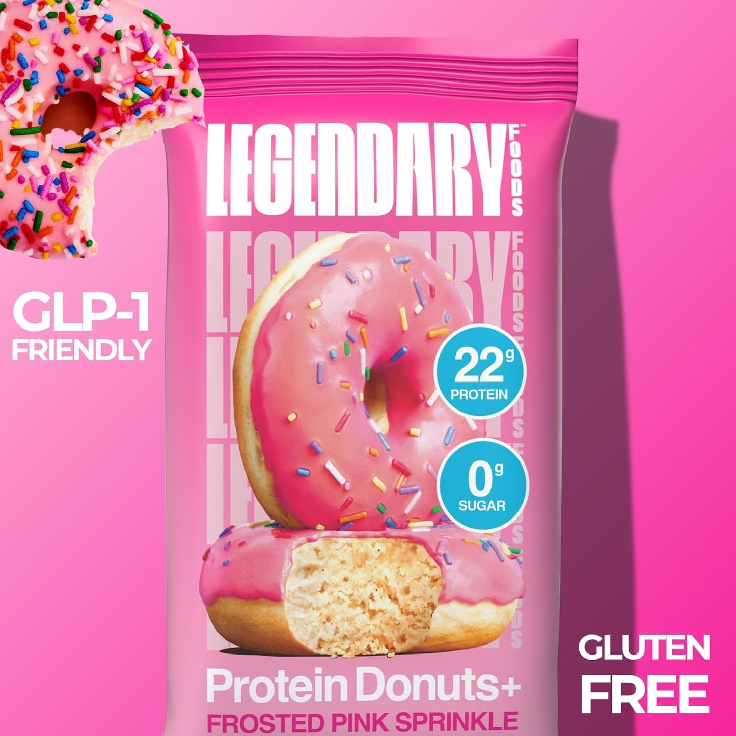 Legendary Foods 22gr Protein Donuts - Frosted Pink Sprinkle 8x (2 Donuts per Pack), High Protein, Zero Sugar, Gluten Free, Low Carb, Keto Friendly Snack, Healthy Donut GLP-1, Diabetic, Bariatric Diets