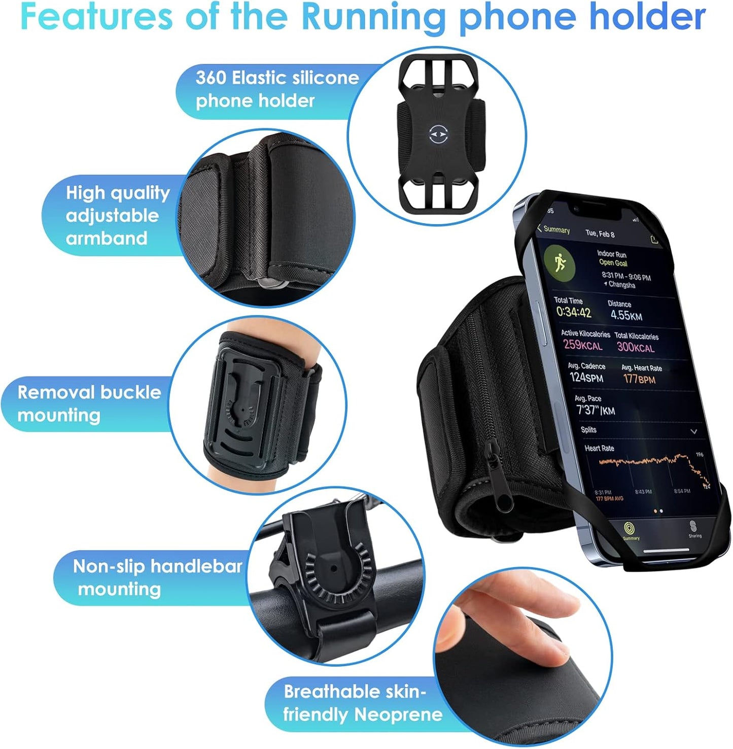 Cikyner Running Armband, 3 in 1 Running Phone Holder Sports Armband Bicycle Phone Holder 360° Rotatable & Detachable Running Phone Armband for 4.5-7'' iPhone Huawei for Gym Running Hiking