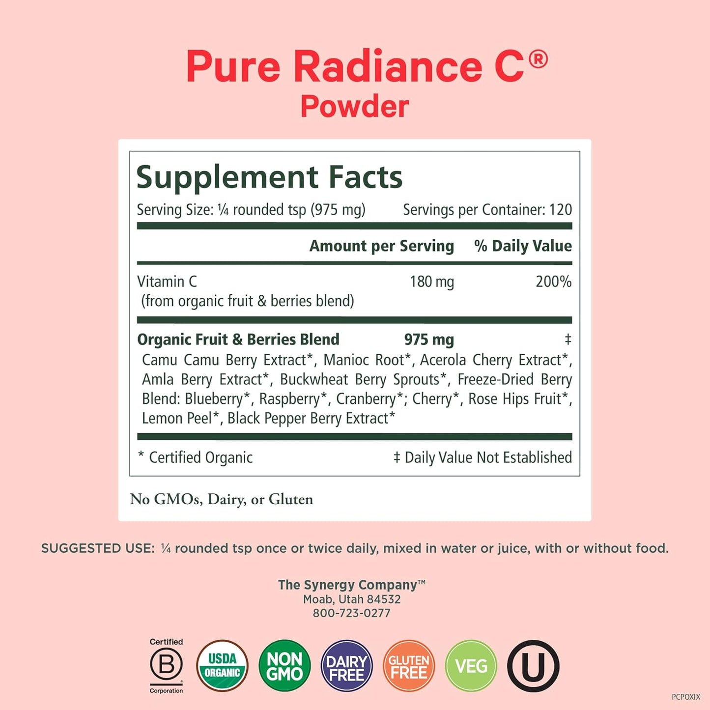 Pure Synergy Pure Radiance C | Organic Vitamin C Powder | 100% Natural, Whole Food, Non-GMO Supplement with Camu Camu Extract | for Immune and Collagen Support (4 oz Powder)