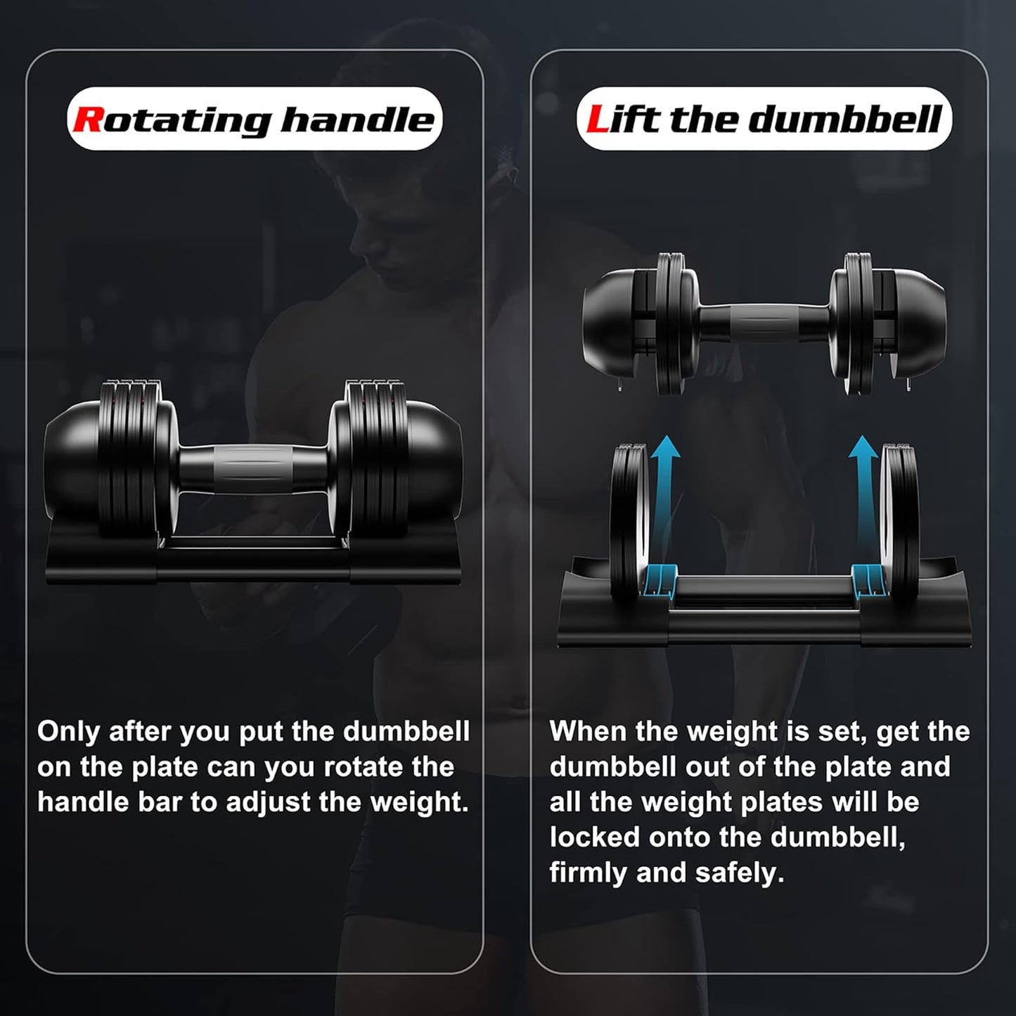 Adjustable Dumbbell,22LBS 44LBS 52LBS Dumbbell Set with Tray for Fitness, Fast Adjust Weight by Turning Anti-Slip Handle, Safety with 8 Lock Slots, Suitable for Men and Women