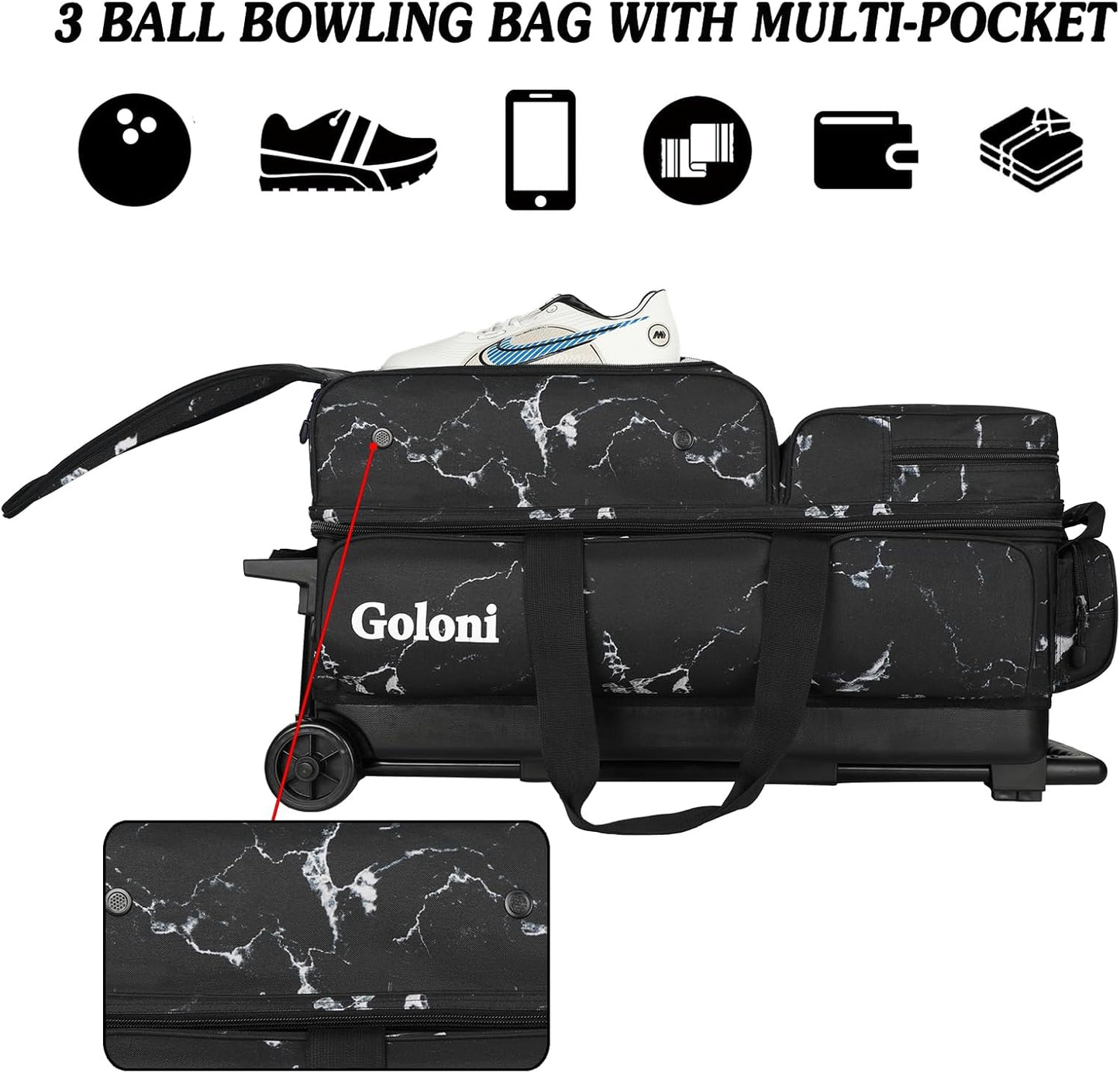 Goloni 3 Ball Bowling Bags with Wheels - Rolling Bowling Bag for 3 Balls & Accessories - Retractable Handle Extends to 38