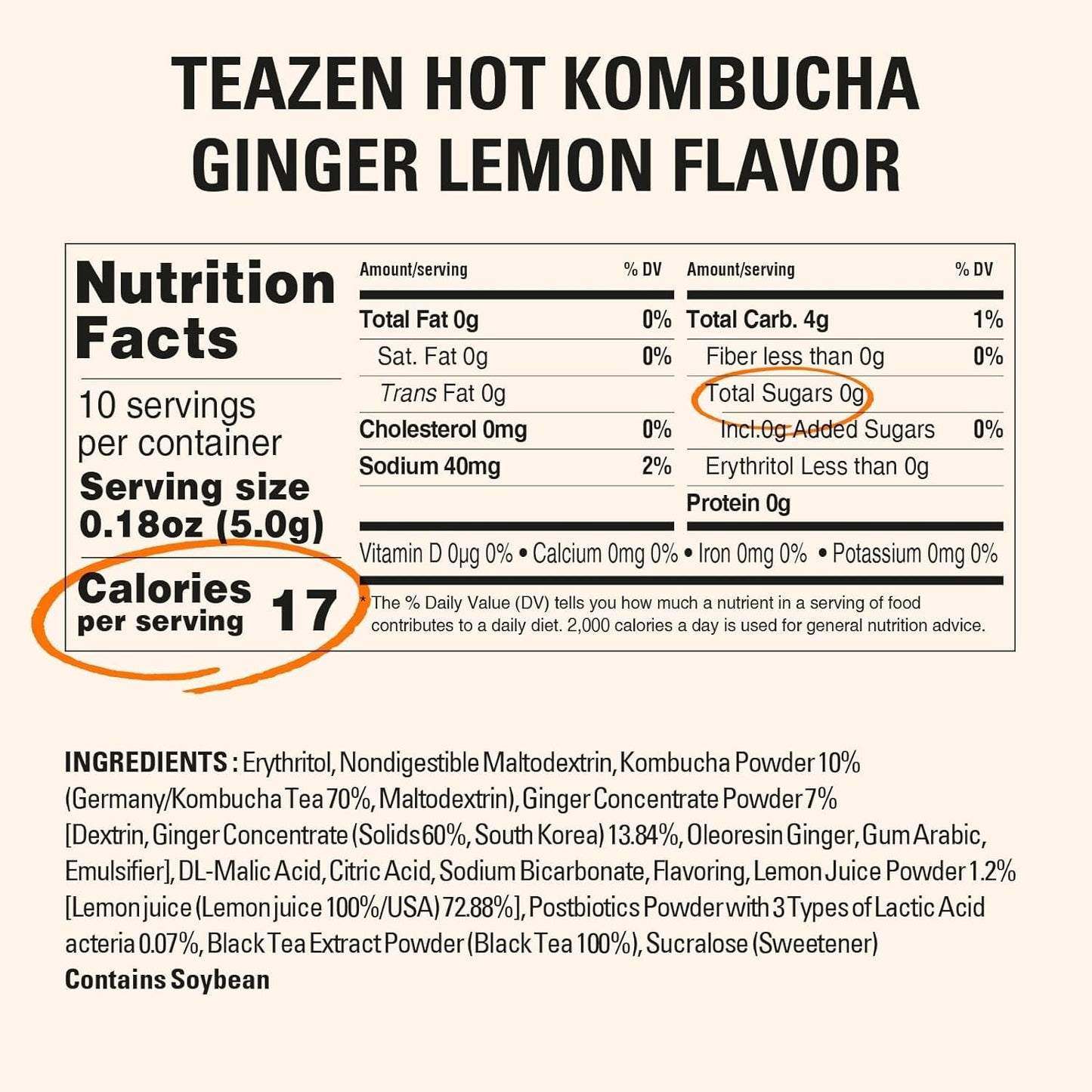 TEAZEN Lemon Ginger Hot Kombucha Tea, Spice Tea, Live Probiotics & Postbiotics, Relaxation and Warmth for Colds and Sore Throat, Hydration Drink Mix, Sugar Free, 10 Sticks, 1.76oz