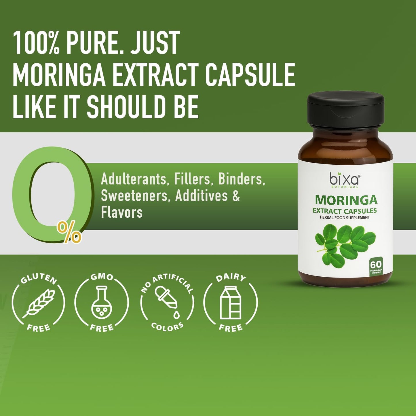 bixa BOTANICAL Moringa Leaf Extract Capsule (Moringa Oleifera) | Multi-Vitamin Green Super Food Supplement ǀ Pure Natural Nutrition Supplement- (60 Count(Pack of 1))