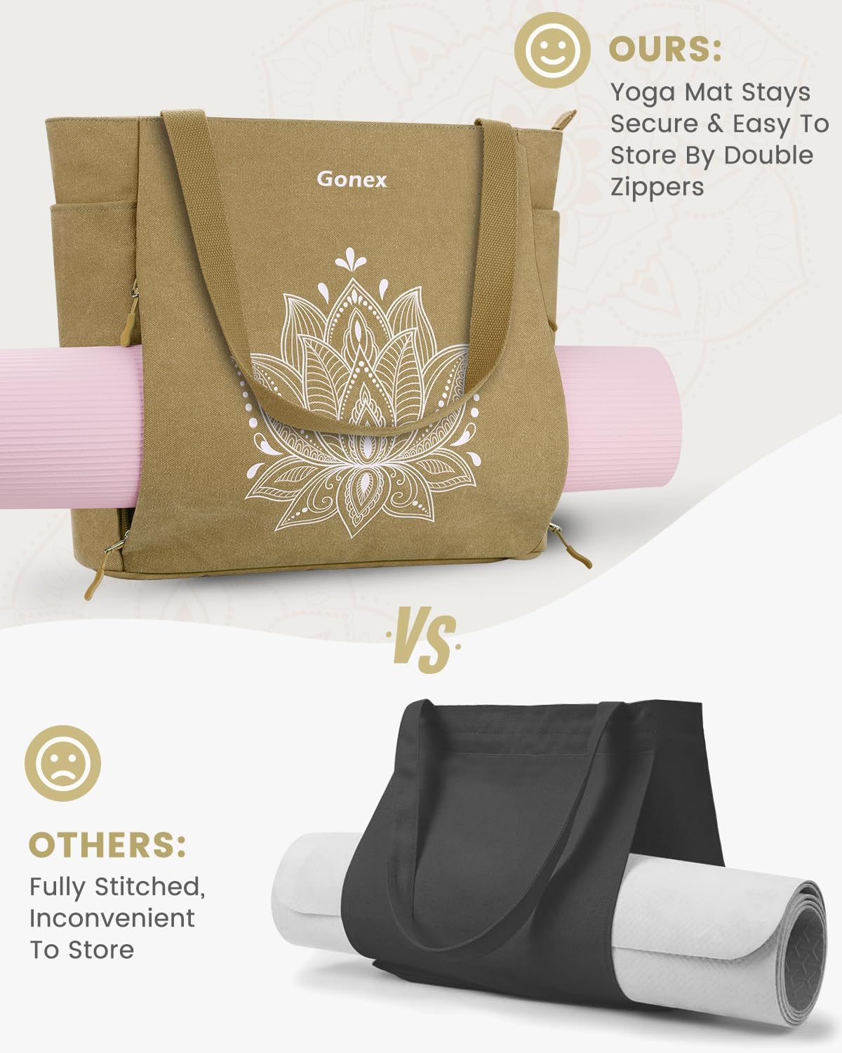 Gonex Yoga Mat Bag, Large Tote Bag with Multi Pockets for Women Men, Canvas Mat Carrier, Full Zipper Easy Access for Pilates Gym Travel