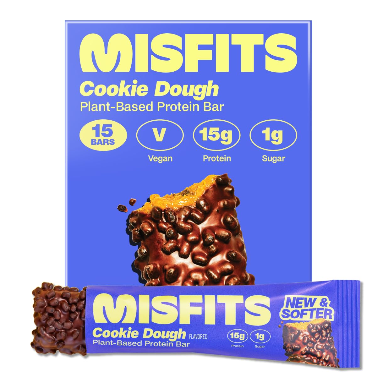 Misfits Vegan Protein Bars, Cookie Dough - Updated Recipe | Plant Based, Low Sugar & Carb, High Fiber Snacks | Pack of 15