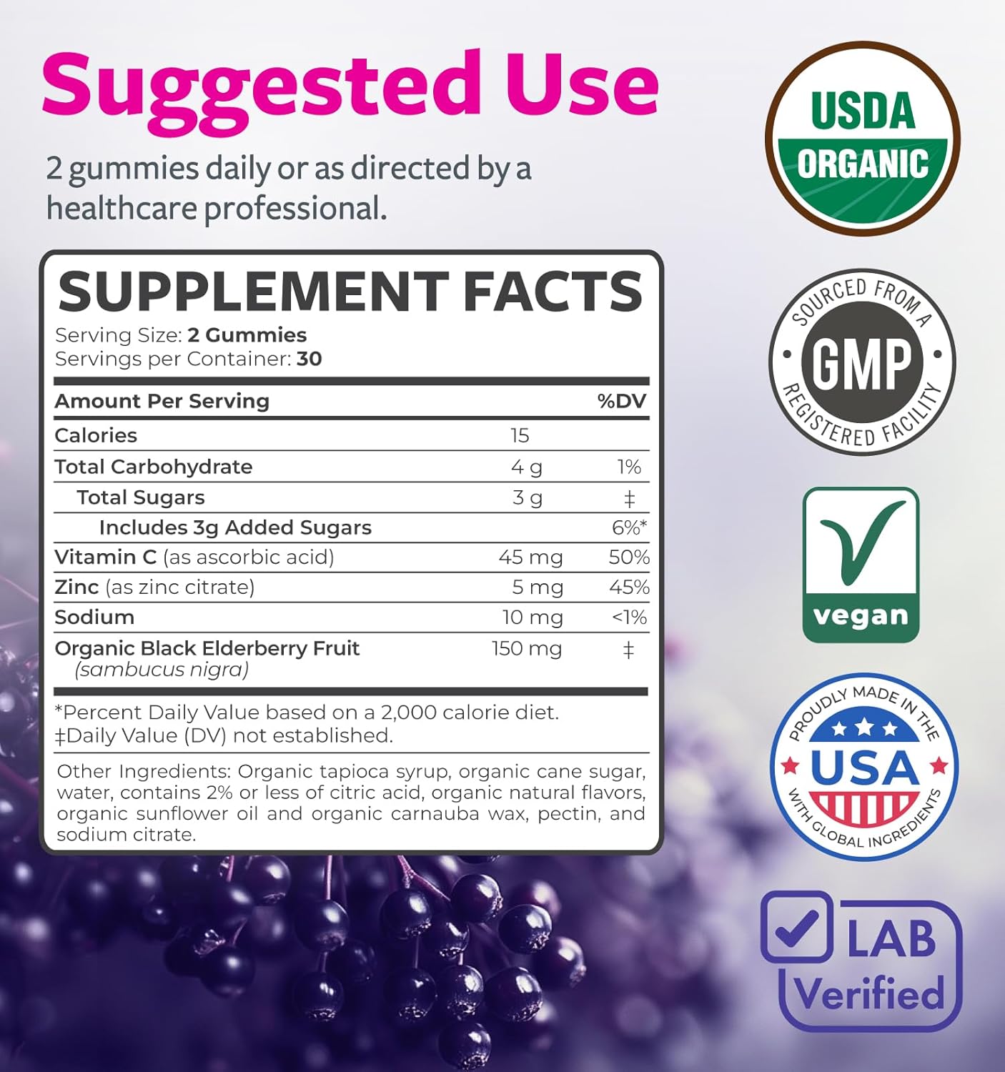 Organic Elderberry Gummies for Adults - Vegan Sambucus Elderberry Immune Support Gummies with Black Elderberry Vitamin C and Zinc for Daily & Seasonal Immunity (USDA Organic Non-GMO Vegan) - 1 Month