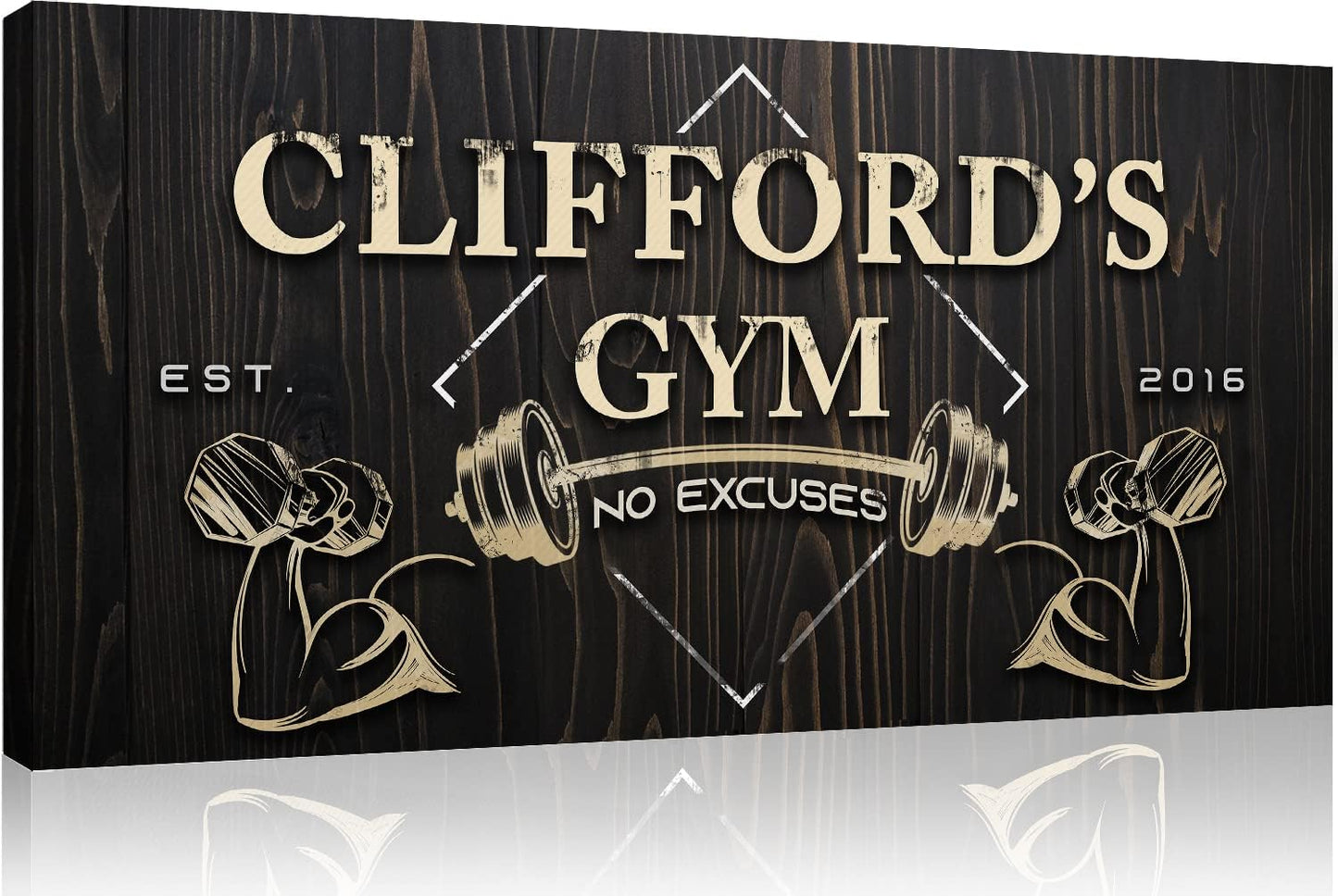 Tailored Canvases Personalized Gym Sign Wall Art Decor - Motivational Canvas for Home Gym, Workout Room, Garage, Fitness Center - Workout Inspirational Posters - Gym Name on Wooden Background, 60x30in