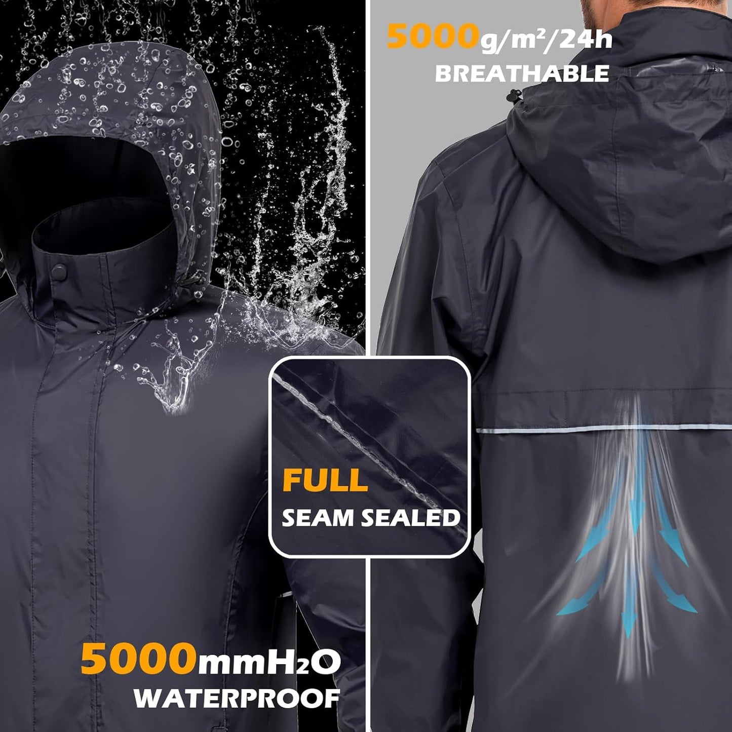 MANSDOUR Men's Packable Rain Jacket Waterproof Lightweight Windbreaker Cycling Golf Hiking Reflective Raincoat with Hood