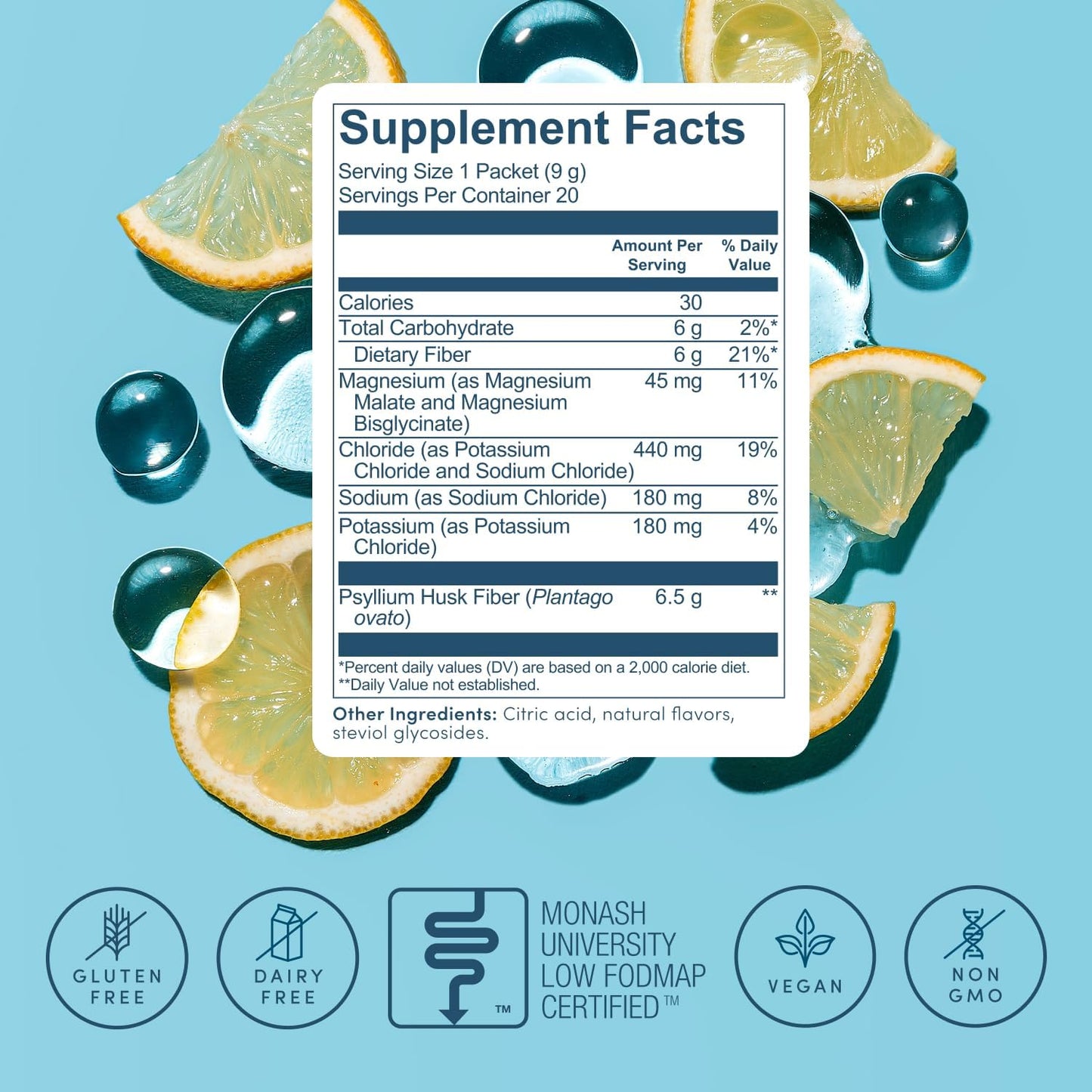 Psyllium Husk Fiber Lemonade 20 Count Travel Packs (6g Per Packet) - Psyllium Husk Powder for Digestive Health & Bloating Relief, Gluten Free, Sugar Free Prebiotic Fiber Powder, Non-GMO Supplement