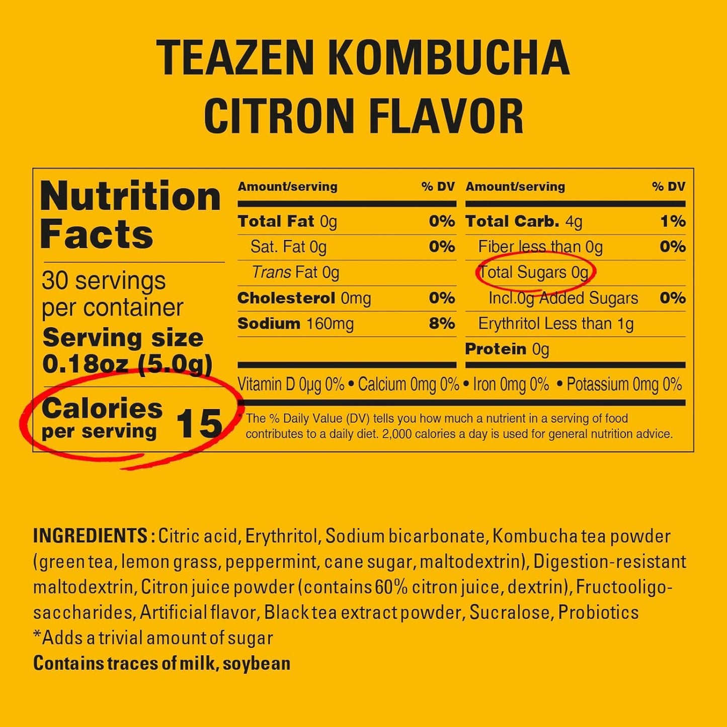 TEAZEN Citron Kombucha Tea, Hydration Drink Mix, Sugar Free, Live Probiotics & Prebiotics, 30 Sticks, 5.29oz