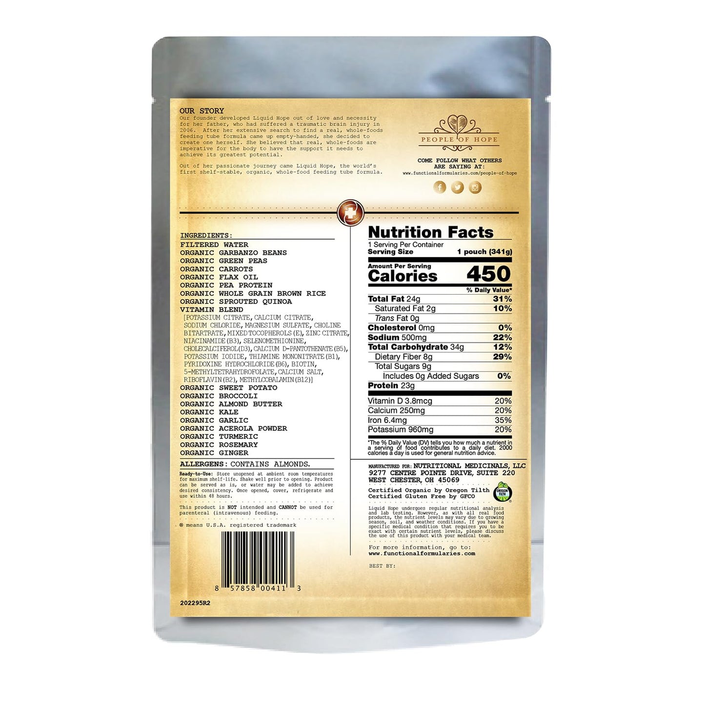 Functional Formularies Liquid Hope Organic Tube Feeding Formula And Nutritional Meal Replacement Supplement, 12 Oz Pouch, Pack of 24