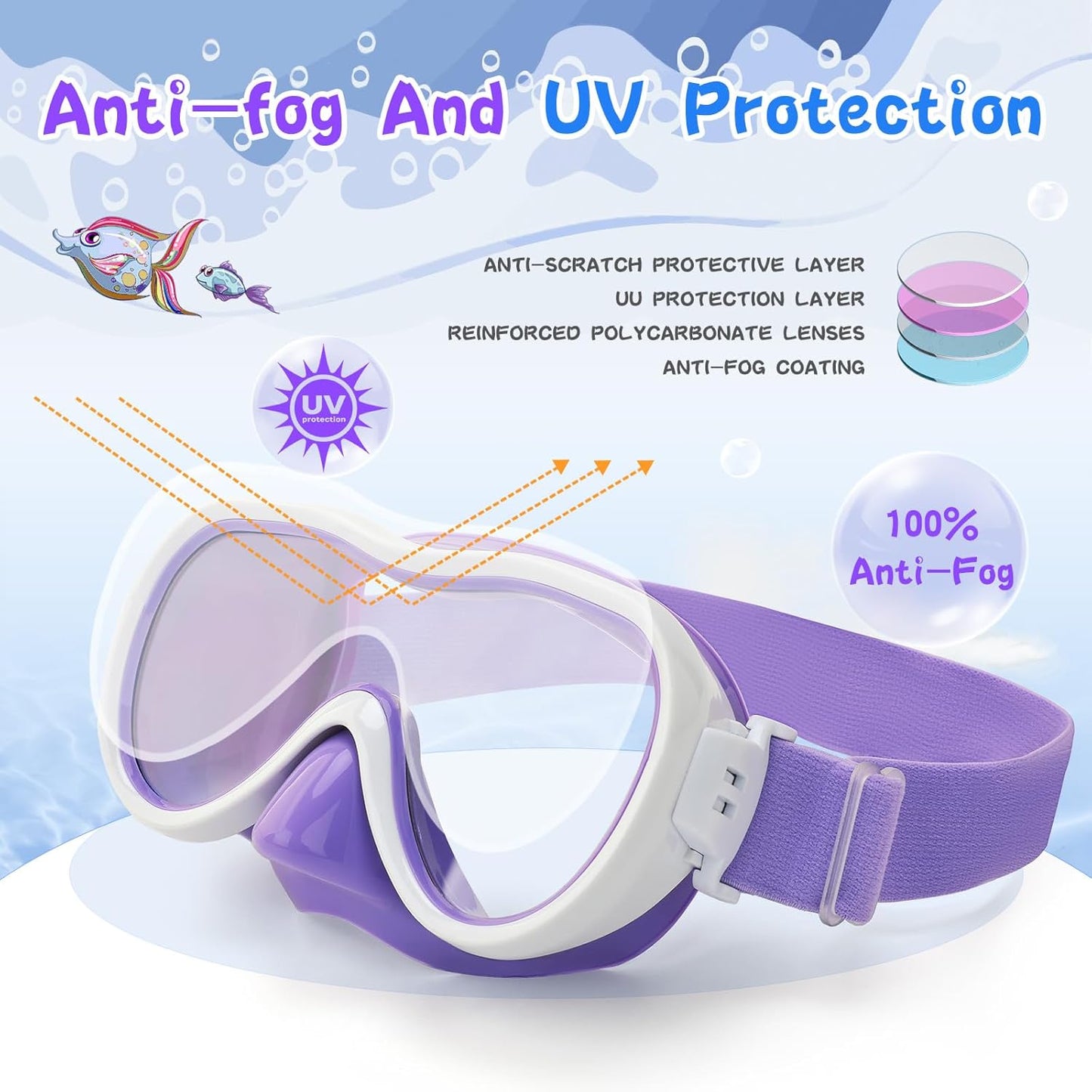 Kids Swim Goggles with Nose Cover, Anti-Leak Swim Mask with Elastic Fabric Strap, UV Protection Swimming Goggles for Kids