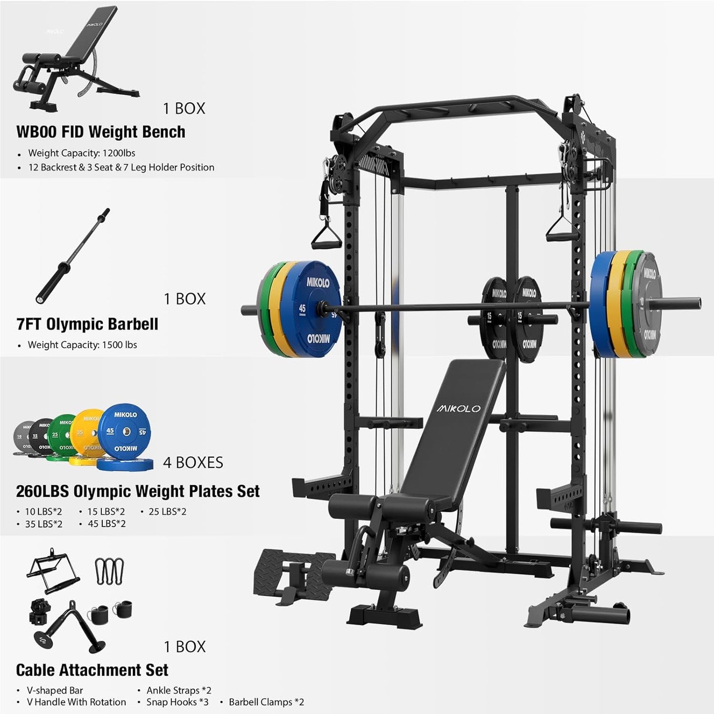 Mikolo Power Cage, 2000LB Power Rack with Independent Dual Pulley System, Multi-Function Home Gym Workout Machine for Cable Crossover