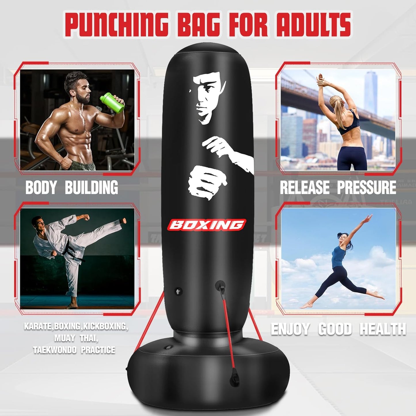 Punching Bag for Adults, 71" Boxing Bag with Stand and Fixed Rope,Free Standing Freestanding Punch Bag with Gloves and Pump, Inflatable Heavy Boxing Bag Set for Adults Teens Men Youth at Home Outdoor