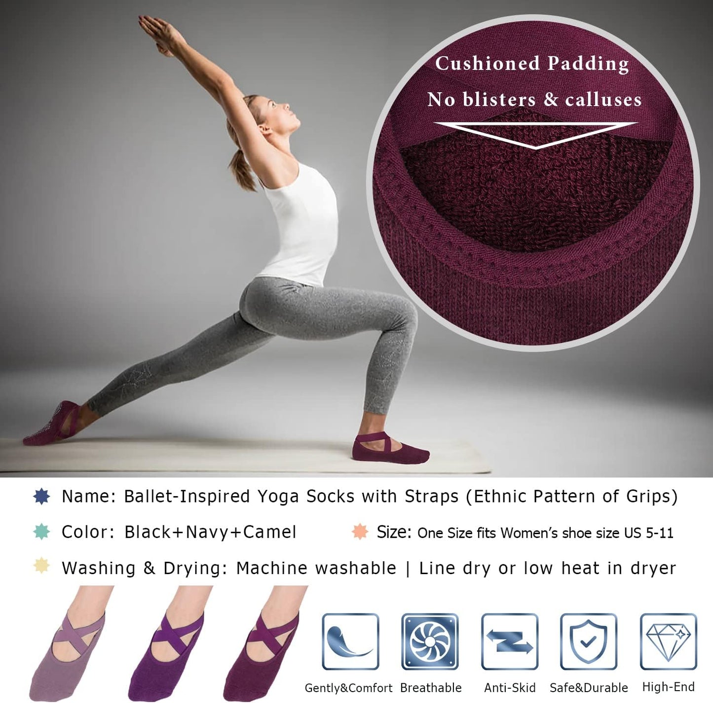 Ozaiic Yoga Socks for Women Non-Slip Grips & Straps, Ideal for Pilates, Pure Barre, Ballet, Dance, Barefoot Workout