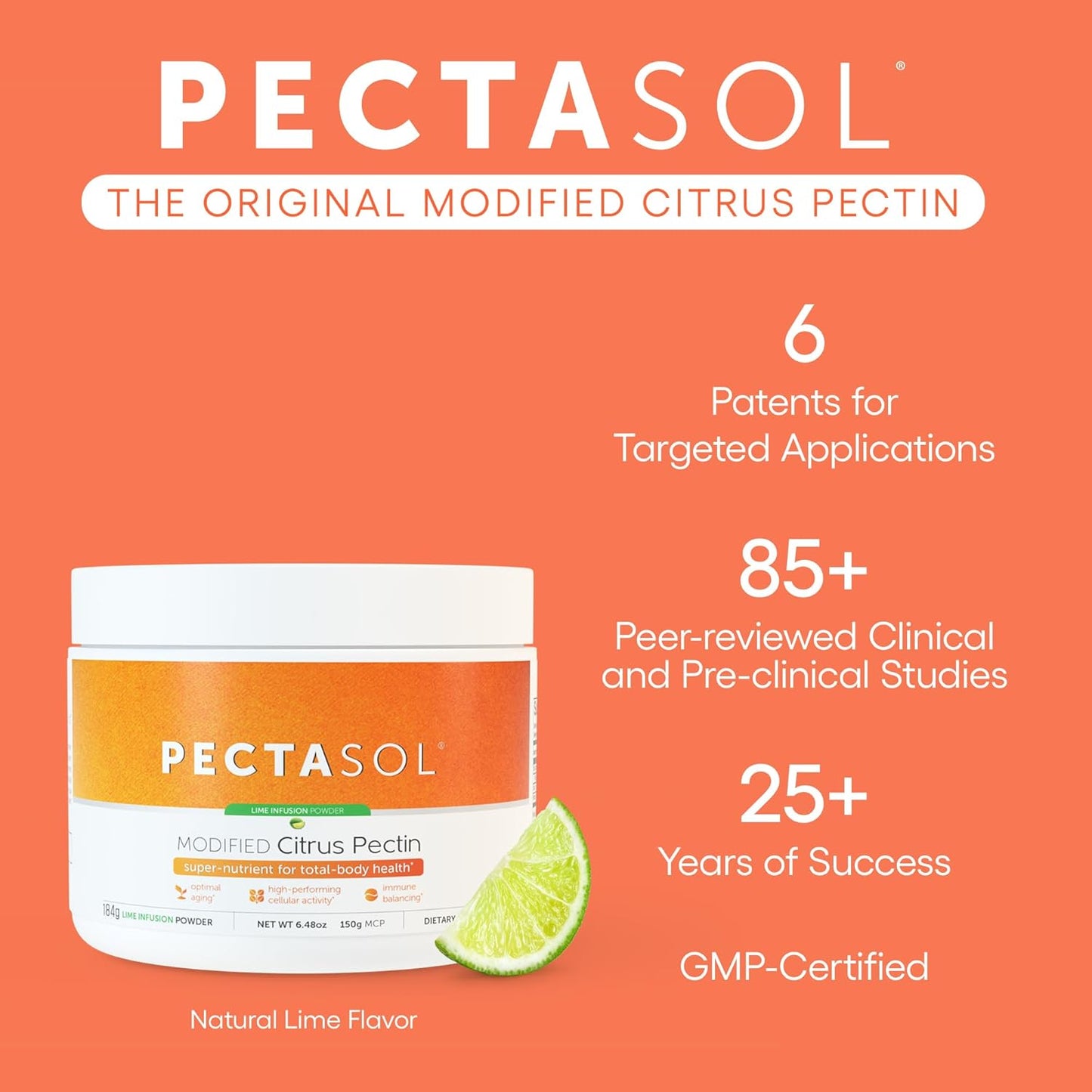 PectaSol Modified Citrus Pectin – 184g Lime Powder – Total-Body Health Supplement to Support Heart, Immune System, Inflammation Response & Healthy Aging + Maintain Healthy Galectin-3 Levels
