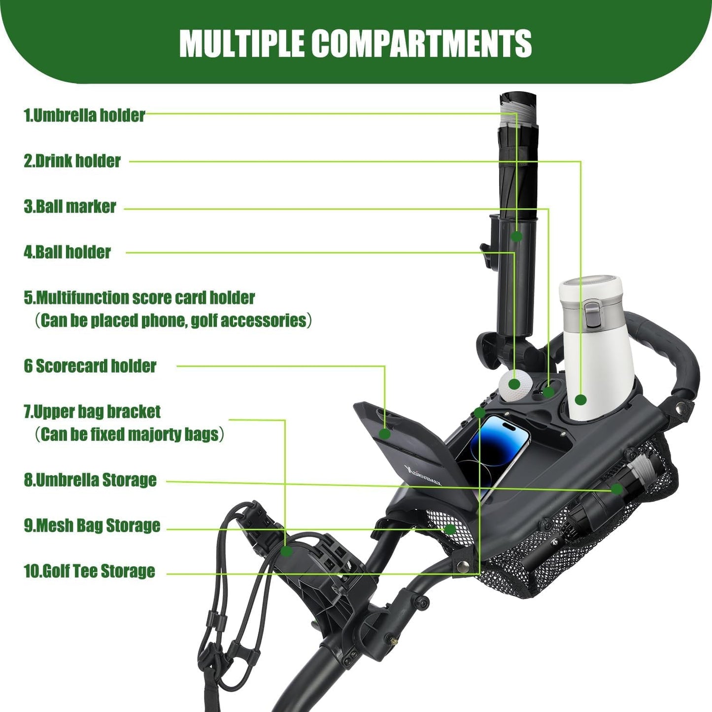 Golf Push Cart Series: 2-Wheel, 3-Wheel, 4-Wheel & 360° Swivel Front Wheel