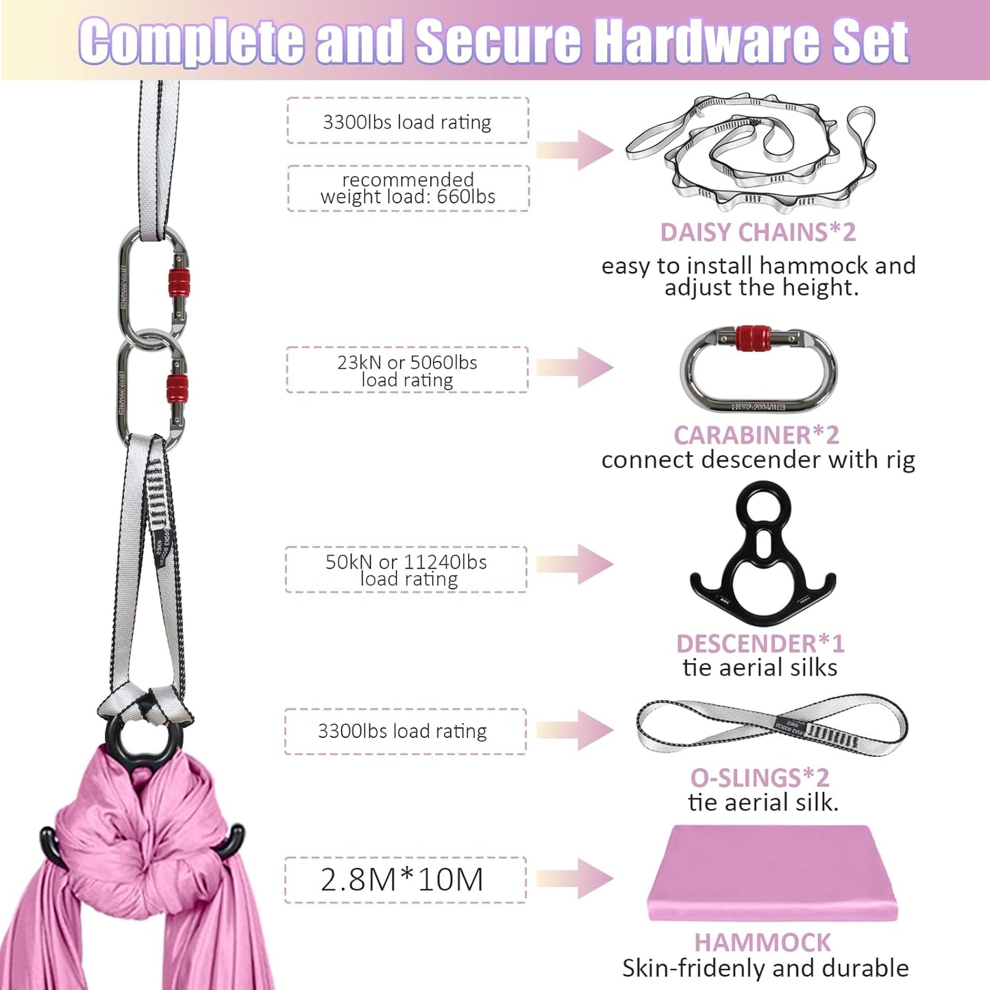 Aerial Silks Kit & Aerial Yoga Hammock - 11Yd Premium Fabric Hardware - Easy Setup for Flying Yoga, Aerial Swing & Fitness - Supports Up to 14ft Rigging