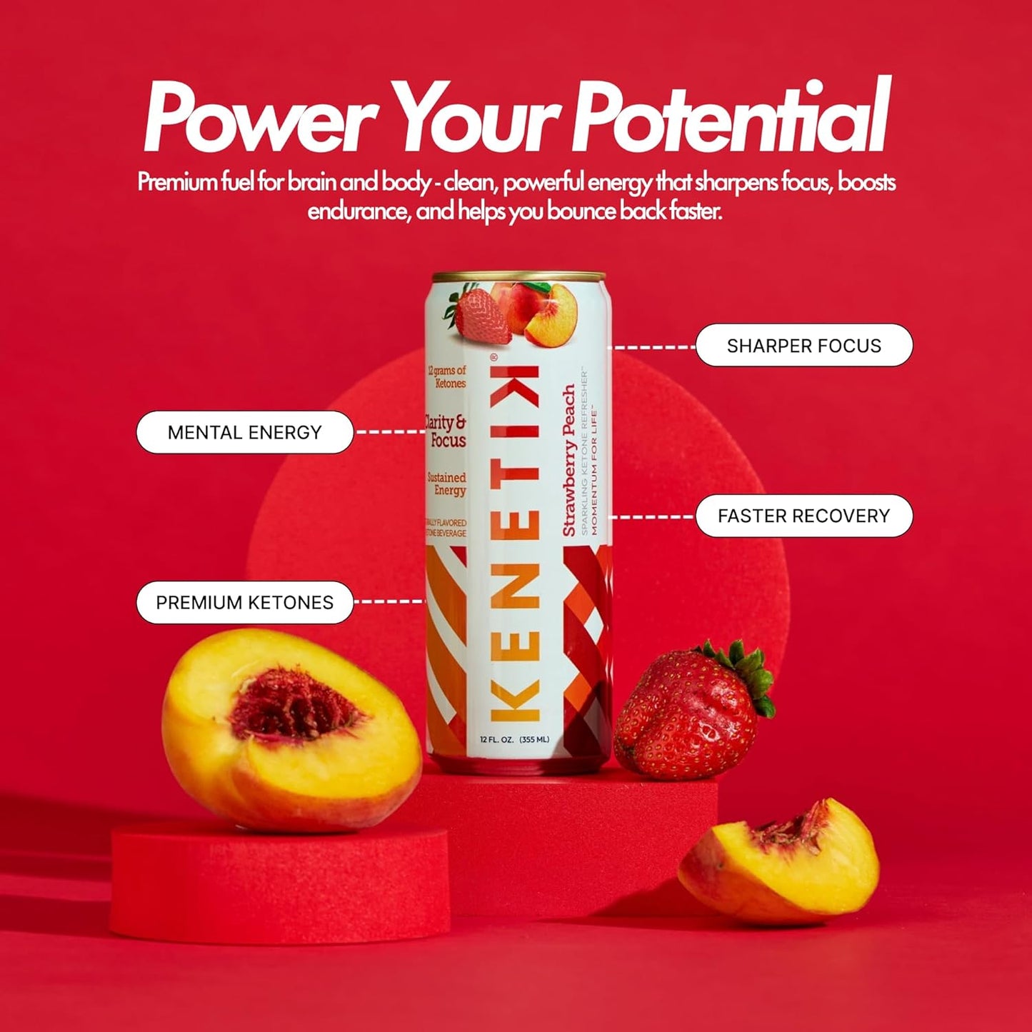 KENETIK Nootropic Ketone Drink, Ketones for Energy & Focus, Caffeine & Sugar Free, High Performance D-BHB Ketone Mix, Fuel w/Zero Crash or Jitters, Ready to Drink - Strawberry Peach 12 Pk