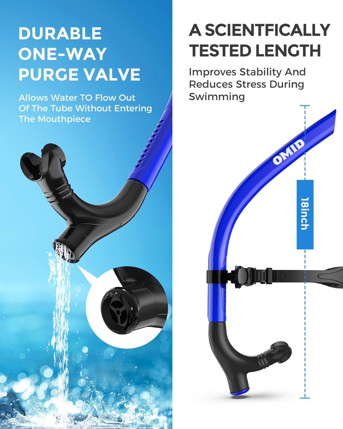 OMID SN1 Snorkel for Adult Youth, Diving Snorkel with One-Way Purge Valve, Food-Grade Silicone Mouthpiece