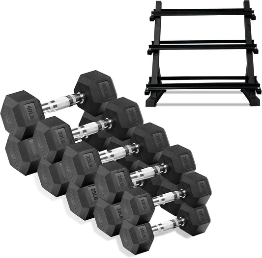 Ritafer 6-10 Pair Hex Rubber Dumbbell Set 350/450 and 550 lbs（5-50 lbs ）Hand Free Weight for Strength Coated Encased Iron Weights with Dumbbells Storage Rack Home Gym