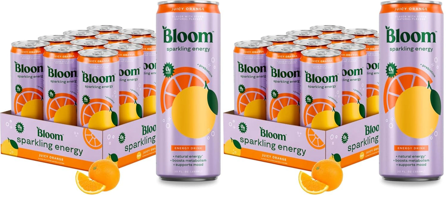 Bloom Nutrition Sparkling Energy Drink - Natural Caffeine, Zero Sugar, 180mg Caffeine - Antioxidant-Rich with Green Coffee Bean, Green Tea Extract, Prebiotics - Orange - 12oz 24 Pack