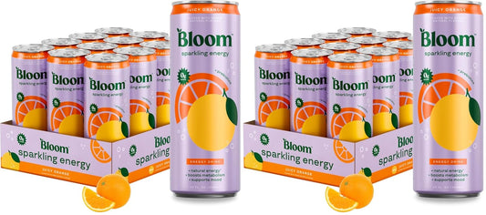 Bloom Nutrition Sparkling Energy Drink - Natural Caffeine, Zero Sugar, 180mg Caffeine - Antioxidant-Rich with Green Coffee Bean, Green Tea Extract, Prebiotics - Orange - 12oz 24 Pack